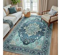 RELEANY Area Rugs 5'x8' Washable Non-Slip, Floral Vintage Distress Print Pattern Medallion Carpet for Living Room Bedroom Dining Room, Teal Green Lake Blue Turquoise