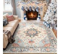 RELEANY Area Rugs 6'x8' Washable Non-Slip, Floral Vintage Distress Print Pattern Medallion Carpet for Living Room Bedroom Dining Room, Beige Navy Blue Orange Colorful