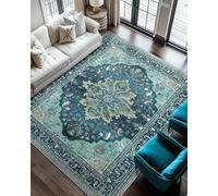 RELEANY Area Rugs 6'x9' Washable Non-Slip, Floral Vintage Distress Print Pattern Medallion Carpet for Living Room Bedroom Dining Room, Teal Green Lake Blue Turquoise