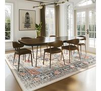 RELEANY Area Rugs 7'x9' Washable Non-Slip, Floral Vintage Distress Print Pattern Medallion Carpet for Living Room Bedroom Dining Room, Beige Navy Blue Orange Colorful