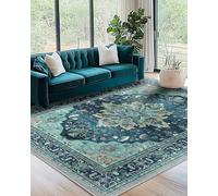 RELEANY Area Rugs 7'x9' Washable Non-Slip, Floral Vintage Distress Print Pattern Medallion Carpet for Living Room Bedroom Dining Room, Teal Green Lake Blue Turquoise