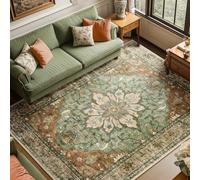 RELEANY Area Rugs 8'x10' Washable Non-Slip, Floral Vintage Distress Print Pattern Medallion Carpet for Living Room Bedroom Dining Room, Brick Red Rust Neutral Brown Burnt Orange Green