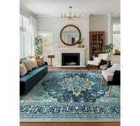 RELEANY Area Rugs 8'x10' Washable Non-Slip, Floral Vintage Distress Print Pattern Medallion Carpet for Living Room Bedroom Dining Room, Teal Green Lake Blue Turquoise