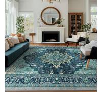 RELEANY Area Rugs 8'x10' Washable Non-Slip, Floral Vintage Distress Print Pattern Medallion Carpet for Living Room Bedroom Dining Room, Teal Green Lake Blue Turquoise