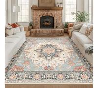 RELEANY Area Rugs Square 8ft Washable Non-Slip, Floral Vintage Distress Print Pattern Medallion Carpet for Living Room Bedroom Dining Room, Beige Navy Blue Orange Colorful