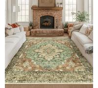 RELEANY Area Rugs Square 8ft Washable Non-Slip, Floral Vintage Distress Print Pattern Medallion Carpet for Living Room Bedroom Dining Room, Brick Red Rust Neutral Brown Burnt Orange Green