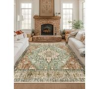 RELEANY Area Rugs Square 8ft Washable Non-Slip, Floral Vintage Distress Print Pattern Medallion Carpet for Living Room Bedroom Dining Room, Brick Red Rust Neutral Brown Burnt Orange Green