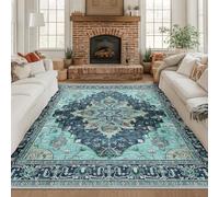 RELEANY Area Rugs Square 8ft Washable Non-Slip, Floral Vintage Distress Print Pattern Medallion Carpet for Living Room Bedroom Dining Room, Teal Green Lake Blue Turquoise