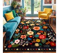 RELEANY Floral Nursery 5x7 Area Rugs Washable Print Boho Cute Carpet Non Slip Flower Low Pile for Living Room Kids Girls Playroom Bedroom Kitchen Office Farmhouse-Black