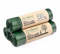 Relevo Green Drawstring Bin Bags - 30L (Width 55 cm x Height 60 cm), 45 Bags (3 Rolls × 15 Bags) | Extra Strong Bin Liners| 100% Recycled LDPE from Greenhouses | Blue Angel Certified