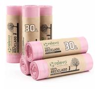 Relevo Pink Drawstring Bin Bags - 30L (Width 55 cm x Height 60 cm), 90 Bags (6 Rolls × 15 Bags) | Scented & Extra Strong | 100% Recycled LDPE from Greenhouses | Made in Spain - Blue Angel Certified