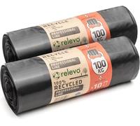Relevo Professional Heavy Duty Black Bin Bags - 150L (Width 80 cm × Height 110 cm), 20 Bags (2 Rolls × 10 Bags) | Extra Strong & Leak-Proof | 75 µm (Microns) | 100% Recycled LDPE
