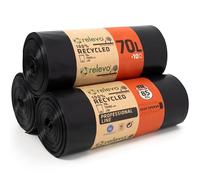 Relevo Professional Heavy Duty Black Bin Bags - 70L (Width 73 cm × Height 85 cm), 30 Bags (3 Rolls x 10 Bags) | Extra Strong & Leak-Proof | 75 µm (Microns) | 100% Recycled LDPE