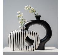 Relexome Ceramic Vase Set of 2 Modern Striped Donut Flower Vase Minimalist Nordic Style Black and White Decorative Vases for Home Decor Table Centerpiece Living Room Bookshelf Entryway