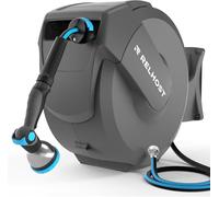 Relhost Retractable Garden Hose Reel, 1/2 in x 100 ft Wall Mount Heavy Duty Hose Reel with Any-Length Lock, Auto Rewind System, 180° Swivel Bracket, and 10-Pattern Nozzle for Garden, Dark Grey