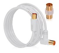 RELIAGINT TV Aerial Cable 3m, 75 Ohm Coaxial Lead, IEC 9.5mm Male to Male 3C2V Pure Copper Dual Shielded, Right-Angle Connector, Female to Female Adaptor Included, White