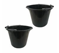 RelianceUK 2 X 14L (3 Gallon) Black Plastic Builders Buckets with Metal Grip Handles | Heavy Duty Bucket for Garden, Car Wash, Cement Mixing, Water Storage | Made in UK (14 Litre / 2 Pack)
