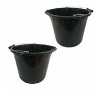 RelianceUK 2 X 14L Black Plastic Builders Bucket with Metal Handles - Heavy Duty Large Bucket for Garden Use, Carwash, Cement Mixing, Water Storage & Buckets for Car Washing (14 Litre / 2 Pack)
