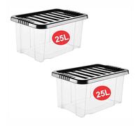 RelianceUK 25L Plastic Storage Boxes with Black Lids (25 Litre / 2 Pack) | Stackable, Durable and Clear Storage Containers, BPA Free Storage Box for Home Office Kitchen