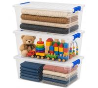 RelianceUK 3 X 50L Plastic Storage Box with Clip Lock Lids | Stackable Medium Storage Containers with Lids, Multipurpose Clear Strong Storage Boxes for Home Office Garage (50 Litre / 3 Pack)