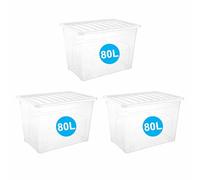 RelianceUK 3 X 80L Large Plastic Storage Boxes with Lids | 80 Litres / 3 Pack Multipurpose Strong Stackable Storage Box With Clear Lids, Home Office Kitchen Garage Clothes Big Clear Containers