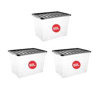 RelianceUK 3 X 80L Plastic Storage Boxes with Black Lid - (80 Litre / 3 Pack) Nestable, Stackable, Durable Clear Storage Boxes with Lids for Home Office Kitchen - Made in U.K. Storage Containers