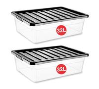 RelianceUK 32 Litre Plastic Storage Box with lid Under bed - Nestable, Stackable, Durable Underbed Large Containers for Home and Office - (32L / 2 Pack) Clear Plastic Boxes Made in U.K.