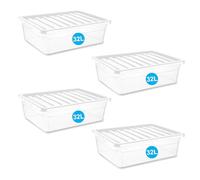 RelianceUK 32 Litres Under Bed Plastic Storage Box with lid - Nestable, Stackable, Durable Underbed Large Containers for Home, Office and Garage - (32L / 4 Pack) Made in U.K Clear Plastic Boxes