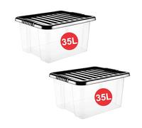 RelianceUK 35L Large Plastic Storage Boxes with Lids (35 Litre / 2 Pack) Stackable Box with Black Lids, Clear Multipurpose Containers for Home, Office, Kitchen and Garage