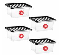 RelianceUK 4 X 14L Plastic Storage Boxes with Black Lids - Storage Containers - Durable, Stackable & Nestable Storage Box for Home, Garage, Office & School (14 Litre / 4 Pack)
