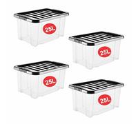 RelianceUK 4 X 25L Plastic Storage Box with Black Lid - Strong Stackable Storage Boxes 25 Litres - Home, Office, Kitchen, Nestable Storage Containers | Made in UK (25 Litre / 4 Pack)