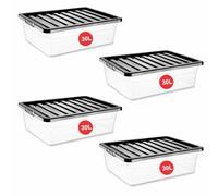RelianceUK 4 X 30L Underbed Storage Boxes - Clear Plastic Storage Boxes with Black Lids - 30 Litre Nestable Stackable Multipurpose Under Bed Storage Containers for Bedroom, Home & Office Organization