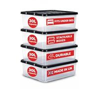 RelianceUK 4 X 30L Underbed Storage Boxes with Black Lids - Clear Plastic Storage Boxes 30 Litres - Nestable Stackable Multipurpose Under Bed Storage Containers for Bedroom, Home & Office Organization