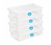 RelianceUK 4 X 45L Under bed Storage Boxes With Lids | Multipurpose Clear Plastic Box for Clothes Shelves | Stackable Heavy Duty Large Containers for Home Office Kitchen (45 Litre(Underbed) / 4 Pack)