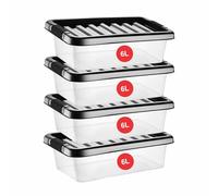 RelianceUK 4 X 6L Underbed Clear Plastic Storage Boxes with Black Lids - 6 Litres Nestable Stackable Multipurpose Under Bed Storage Containers for Bedroom, Home & Office Organization
