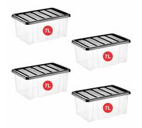 RelianceUK 4 X 7L Plastic Storage Box with Black Lid - Strong Stackable Storage Boxes 7 Litres - Home, Office, Kitchen, Nestable Storage Containers | Made in UK (7 Litre / 4 Pack)