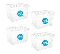 RelianceUK 4 X 80 Litre Large Plastic Storage Box with Lid - 80L Strong Stackable Boxes with Clear Lids - Home, Office, Kitchen, Garage, Nestable Storage Containers | Made in UK