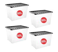 RelianceUK 4 X 80L Large Plastic Storage Box with Black Lid - Strong Stackable Storage Boxes 80 Litres - Home, Office, Kitchen, Nestable Storage Containers | Made in UK (80 Litre / 4 Pack)