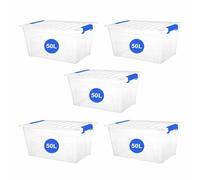 RelianceUK 5 X 50L Plastic Storage Boxes with Clip Lock Lid - Heavy Duty, Stackable Containers for Clothes, Shoes, Crafts - Ideal for Home, Office, Kitchen, Garage (50 Litre / 5 Pack)