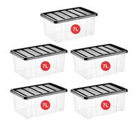 RelianceUK 5 X 7L Plastic Storage Box with Black Lid - Nestable, Stackable, Durable Multi Purpose Clear Containers for Home, Kitchen and Office Tubs (7 Litres / 5 Pack) Plastic Boxes - Made in U.K.