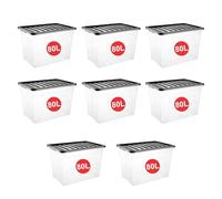 RelianceUK 8 X 80L Large Plastic Storage Box with Black Lid - Strong Stackable Storage Boxes 80 Litres - Home, Office, Kitchen, Nestable Storage Containers | Made in UK (80 Litre / 8 Pack)