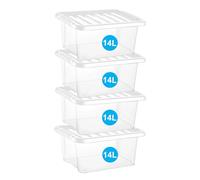 RelianceUK Storage Boxes With Lids (14 Litre / 4 Pack) | Clear Plastic Storage Box With Lids for Clothes Shelves Shoes Crafts | 14L Multipurpose Storage Tubs for Home Office Kitchen
