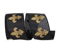 Reliant Ribbon Fleur De Lis Jumbo Glitter Satin Wired Edge Ribbon, Black/Gold