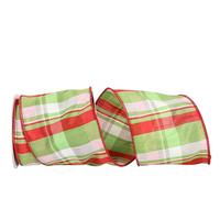 Reliant Ribbon Lime Plaid Dupioni Wired Edge Ribbon, 4 Inch X 10 Yards, Red/Lime