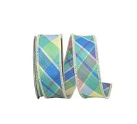 Reliant Ribbon Pastel Plaid Deluxe Diagonal Wired Edge Ribbon, Celadon