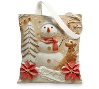 Relief Christmas Portuguese Water Dog Canvas Tote Bag for Shopping 13x15, Snowman Xmas Puppy Pet Reusable Grocery Print Bag for Women, Winter Beach Aesthetic Painting Gift Decor