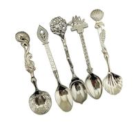 Relief-Design 5Pcs Alloy Spoon Set Heavy-Duty Retro, Silver | Vintage Embossed Alloy Tableware Collection for Elegant Dining, Ergonomic Handles for Elegant Dining