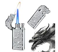 Relief Dragon Dual Flame Lighter - Windproof Adjustable Jet Flame and Soft Flame, Refillable Butane Lighter for BBQ，Kitchen, Camping Men's Gifts(Without Butane)-Silver