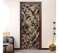 Relief Dragon Pattern Self Adhesive Door Stickers Art Door Film 82x200 cm Brown 3D Wallpaper Decorative Wall Waterproof PVC Door Stickers for Living Room Bedroom Interior Doors Decoration