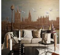 Relief Vintage Urban Architecture Flying Birds Bridges 3D Wallpaper Silky Texture Home Study Office Grey Dining Room Sofa Bedroom Living Room TV Backdrop-400cm×280cm